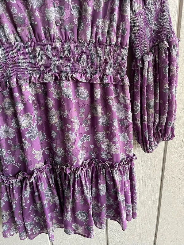 Alexis Lilac Purple Floral Mini Dress Long Sleeves - Image 3