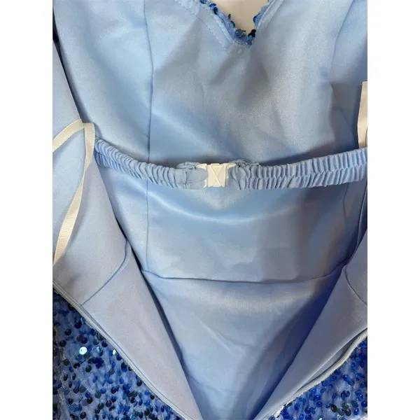 Womens Blue Sequin Ruched Bodycon Mini Dress Sweetheart Off Shoulder - Image 11