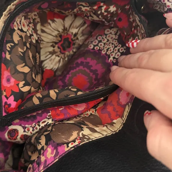 Vera Bradley Black Quilted Leather Satchel Floral Lining Shoulder Bag Classy - Image 13