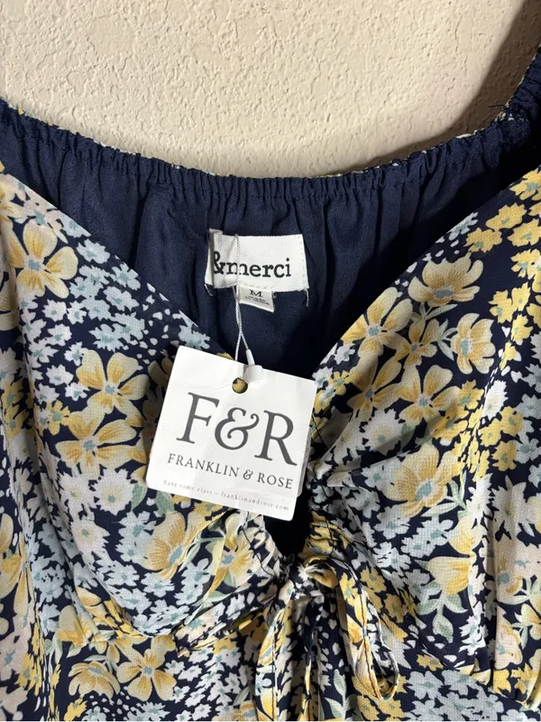 &merci Floral Midi Dress in Navy, Yellow, White - Image 3