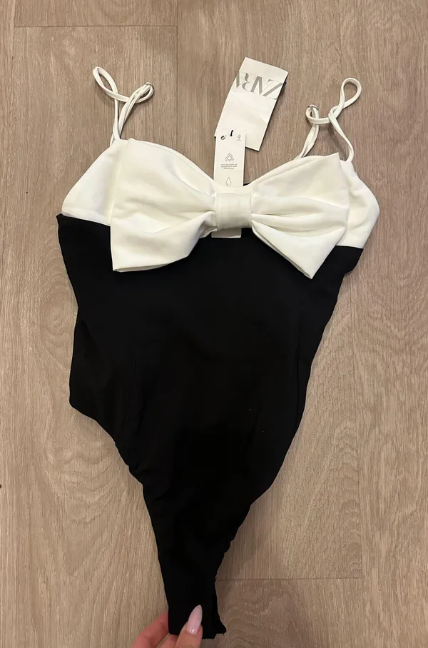 ZARA black bodysuit white bow top blouse - Image 13