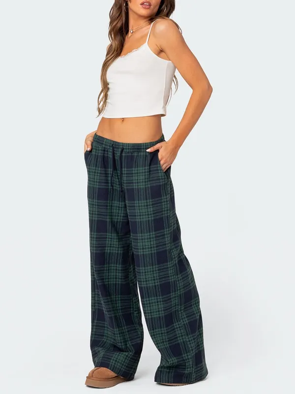 Edikted Lounge Around Plaid Wide Leg Pants Navy Blue Green Small - Image 5