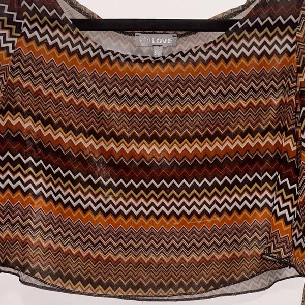 LOVE Retro Crop Top Long Sleeve Geometric Bell Sleeves Sheer Orange Gold Small - Image 6