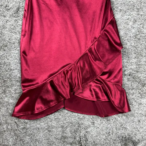 Lulus Romantic Nights Burgundy Satin Ruffled Bodycon Mini Dress Women's Small - Image 4