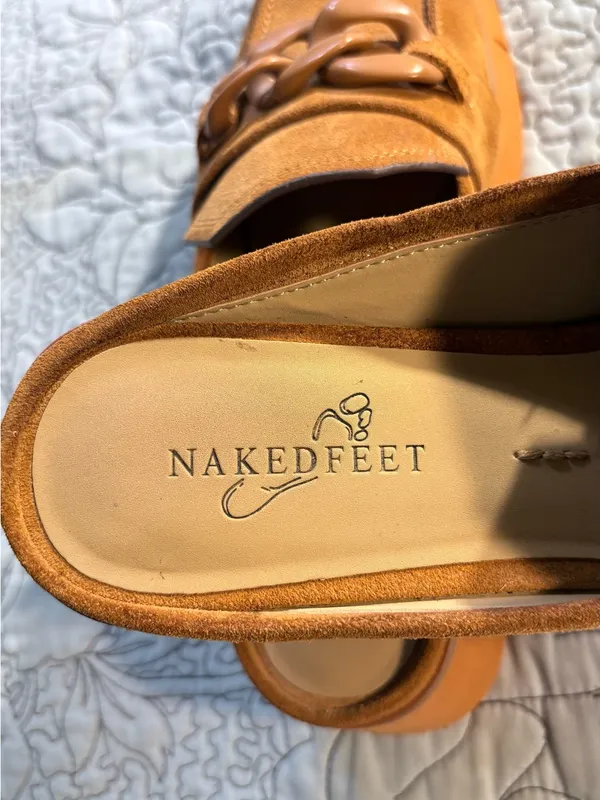 ☀️Naked Feet Elect Camel Suede Chain Platform Loafer Mules Sz 8🧡 - Image 7