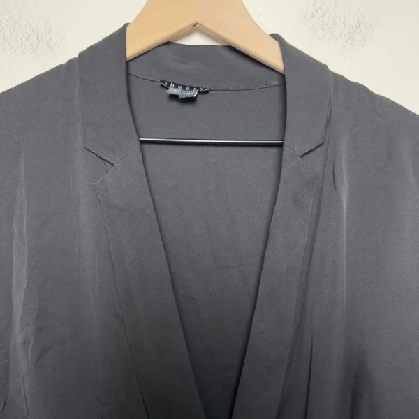Theory Women 100% SILK Ilori Blouse Small Black Crepe de Chine Wrap Top Classic - Image 3