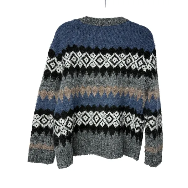 Evereve Fair Isle Fuzzy Knit Sweater Blue Gray Black Nordic Cozy Winter M - Image 3