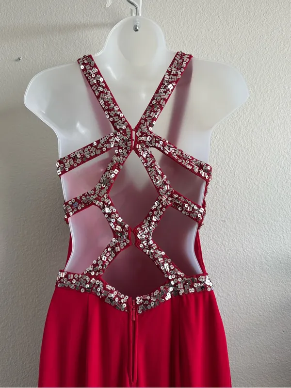 Hailey Logan by Adrianna Papell Red Sequin Cage Back Maxi Gown Prom Dress 3/4 - Image 5