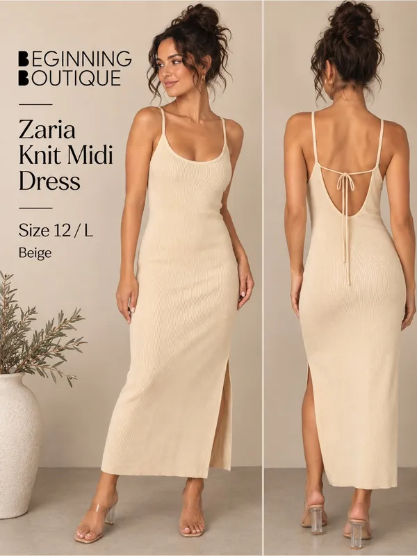 Beginning Boutique Zaria Beige Ribbed Knit Midi Dress Size 12/L NWT - Image 2
