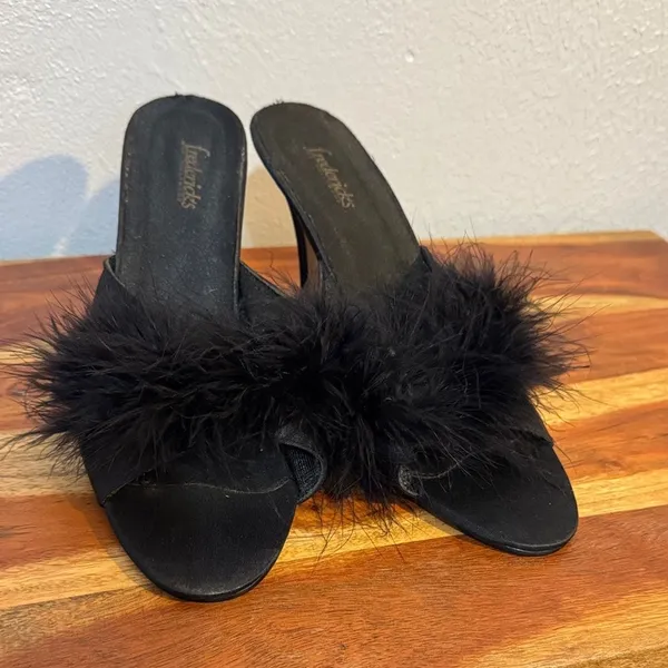 Vintage Y2K Frederick's of Hollywood Black Marabou Feather Satin Peep Toe Heel - Image 2