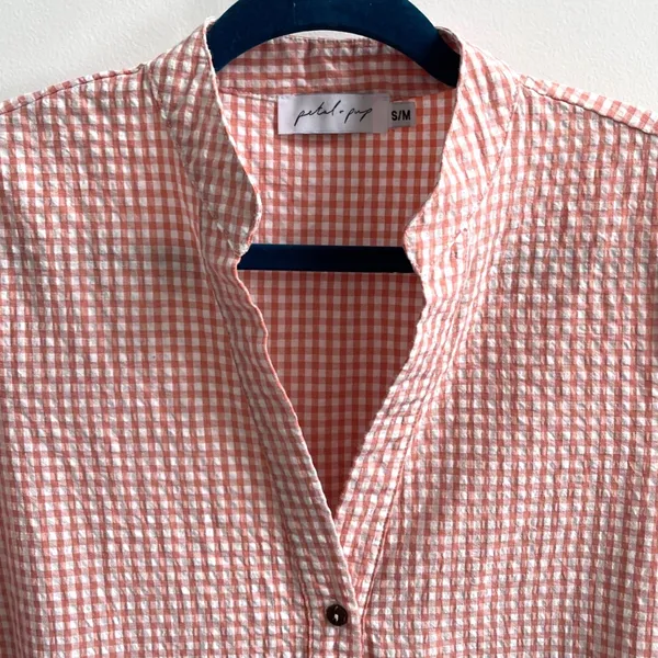 Petal + Pup Shirt Dress Women S/M Peach Gingham‎ Cottagecore Tiered Mini Button - Image 5
