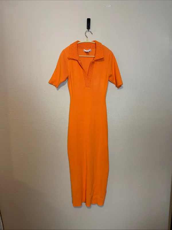 Caroline Constas Vibrant‎ Orange Knit Maxi Dress With Collar Size Large - Image 2