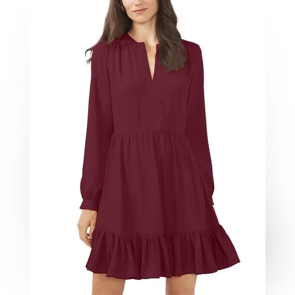 Vince Camuto Long Sleeve Split Neck Tiered Babydoll Dress in Crisp Merlot Sz XXL - Image 2