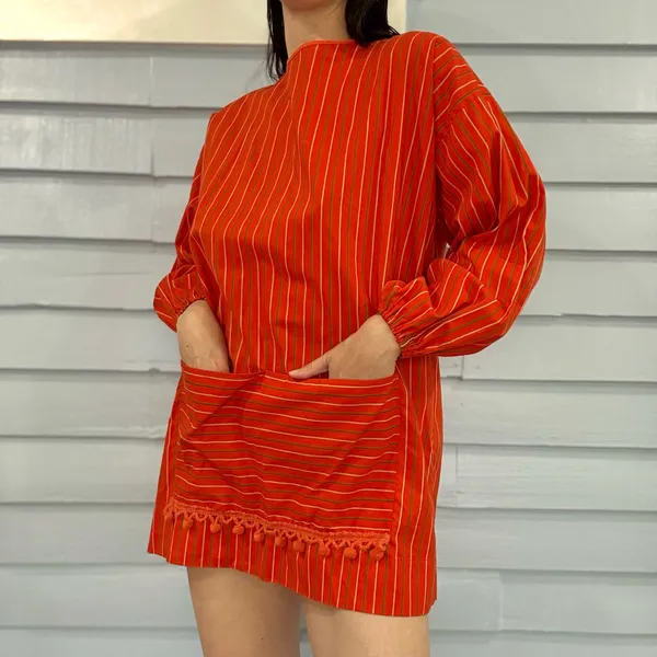 Vintage 60s/70s Stripe Balloon Sleeve Pom Pom Smock Top - Image 8