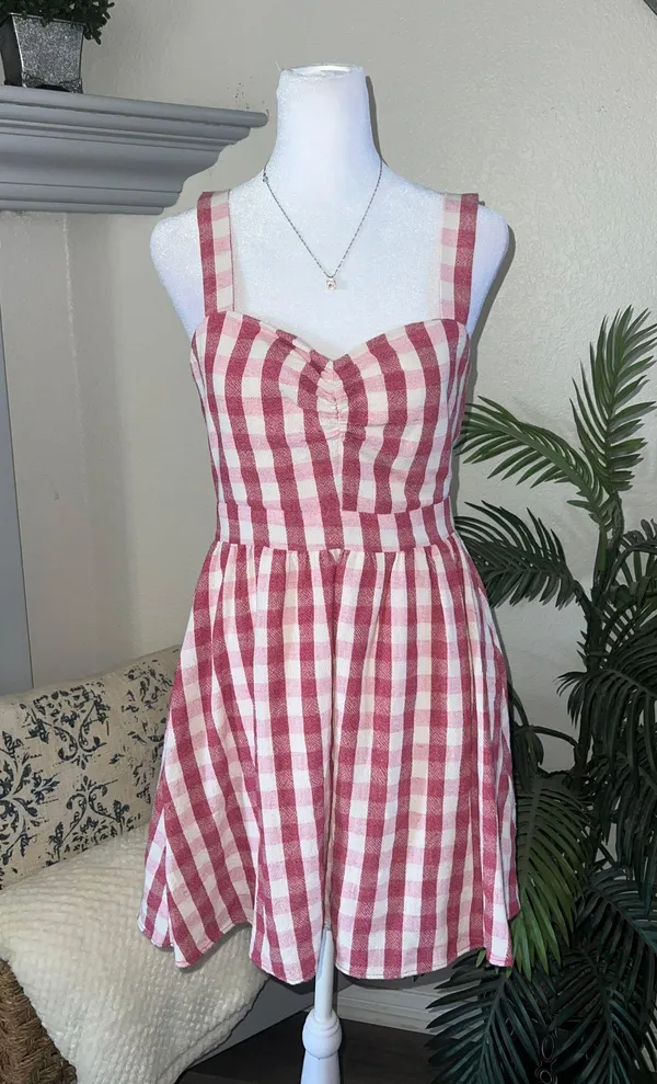 ZARA Red Gingham Checkered Sweetheart Dress Size M - Image 3