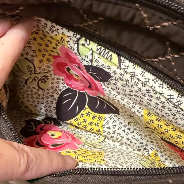 Vera Bradley Brown Microfiber Quilted Shoulder Bag Floral Lining Zip Pockets - Image 7