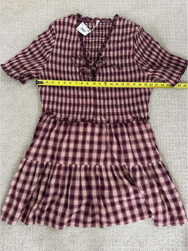 AE Puff Sleeve Tie Front Plaid Mini Dress American Eagle Pink NWT Burgundy XXL - Image 6