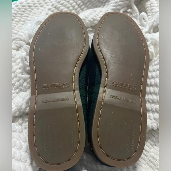 Sperry Green and Navy Plaid Leather-Trim Moccasins - Image 6