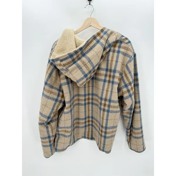Entro Women Tan Blue Plaid Open Front Fur Lined‎ Shacket Hood Wool Blend Size L - Image 2