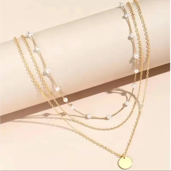 New Elegant Crystal Faux Pearl Pendant Necklace Layered Pearl Chain-Golden - Image 5