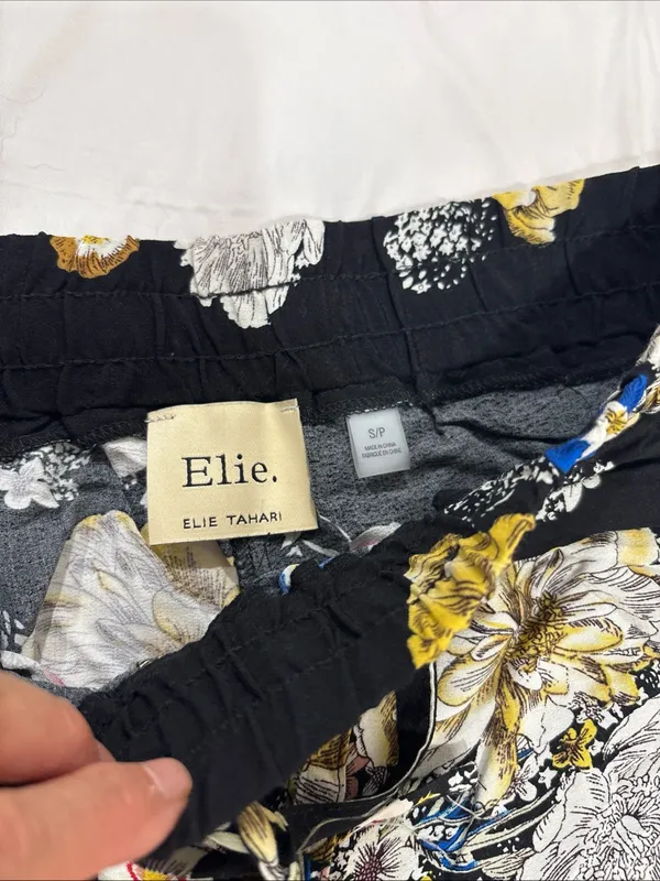 Elie Tahari Black Floral Wide Leg Pants Drawstring Adjustable Waist Size Small - Image 6