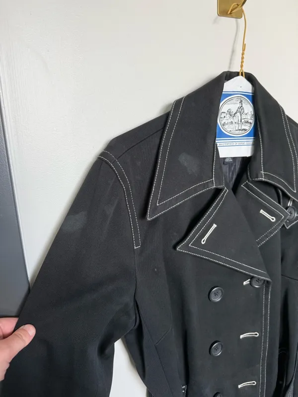 Vintage Banana Republic Black Cotton Trench Coat Contrast Stitch Belted L - Image 4