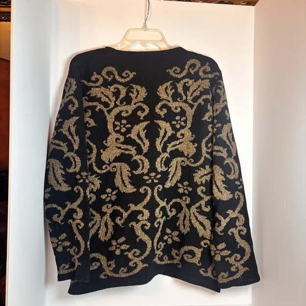 Jones New York Country Sweater L Black Gold Metallic Floral Lambswool Angora - Image 2