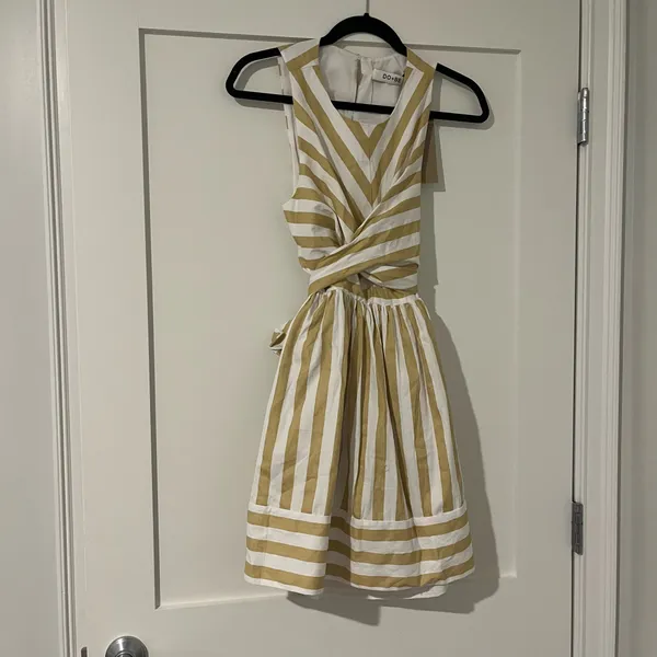 DO+BE Striped Bow Back A Line Mini Dress - Tan and White - Image 2