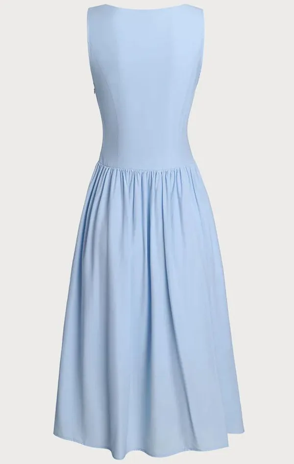 Rihoas Blue V Neck Button Sleeveless Midi Dress - Image 6