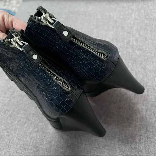 Rebecca Minkoff Sonny Embossed Peep Toe Wedge Booties Size 9 Navy Blue Black - Image 5