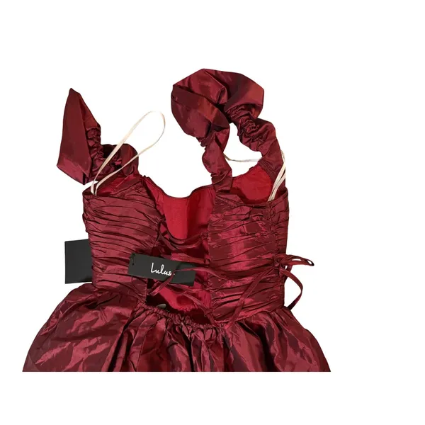 NWT Lulus Size XS Poised Passion Wine Red Taffeta Pleated Ruffled Midi Dress - Image 11