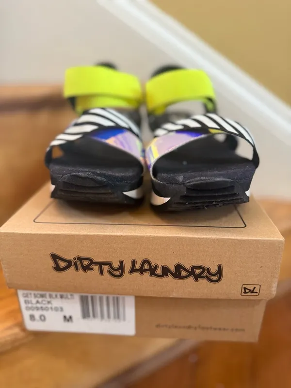 Dirty Laundry Neon Yellow, Black & White Striped Iridescent Wedge Sandals - Image 3