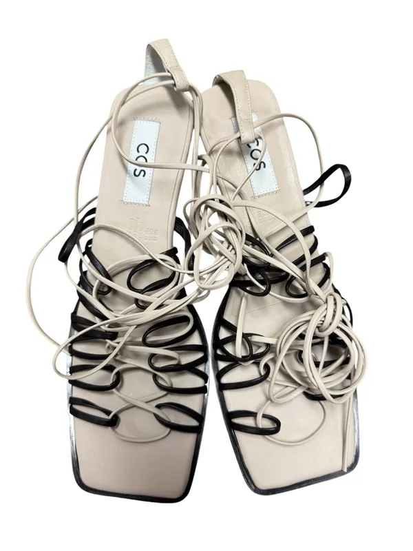COS Lace Up Strappy Square Toe Sandals Leather Heels Black Cream US 10 EU 41 - Image 4