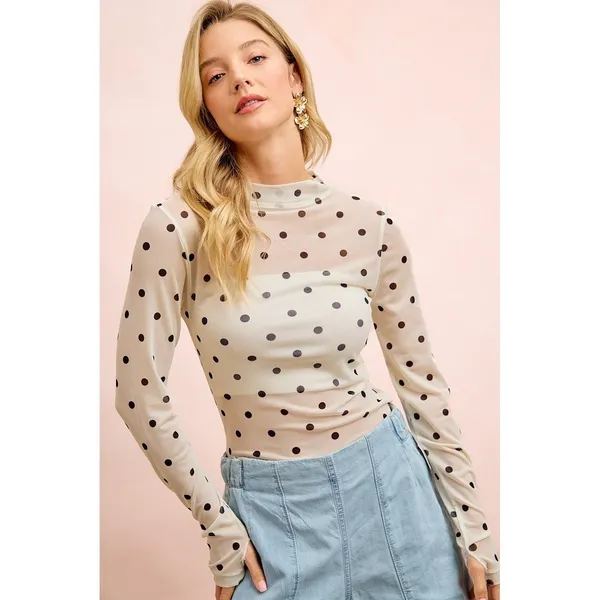 BiBi High Neck Line Polka Dots Mesh Top With Thumb Open - XLarge - Image 10