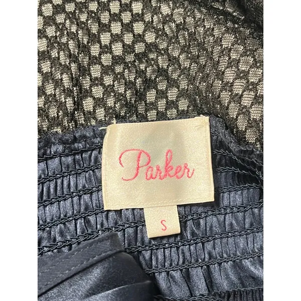 Parker Navy Blue‎ Silk Blend Mesh Back Smocked Waist hi low Midi Dress Size S - Image 5