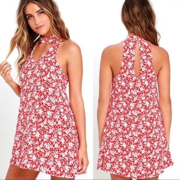 Lulu's Lean Close Floral Print Swing Dress Size XS Red Ivory White High Neck - Image 8