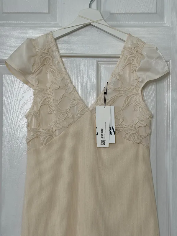 Zara Cream Lace Ribbed Midi Dress Cottagecore Romantic Coastal Summer Satin Sleeve M - Image 5
