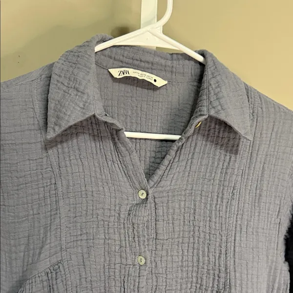 ZARA Blue Gray Cotton Gauze Crinkle Babydoll‎ Tunic Dress XS - Image 5