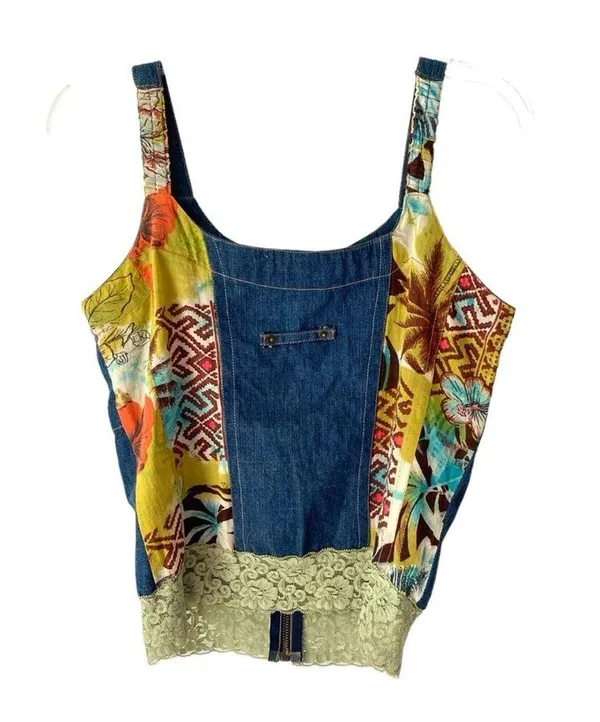 Aseesa Bohemian Festival Denim Jean Top Embellished Beaded Lace size large - Image 4