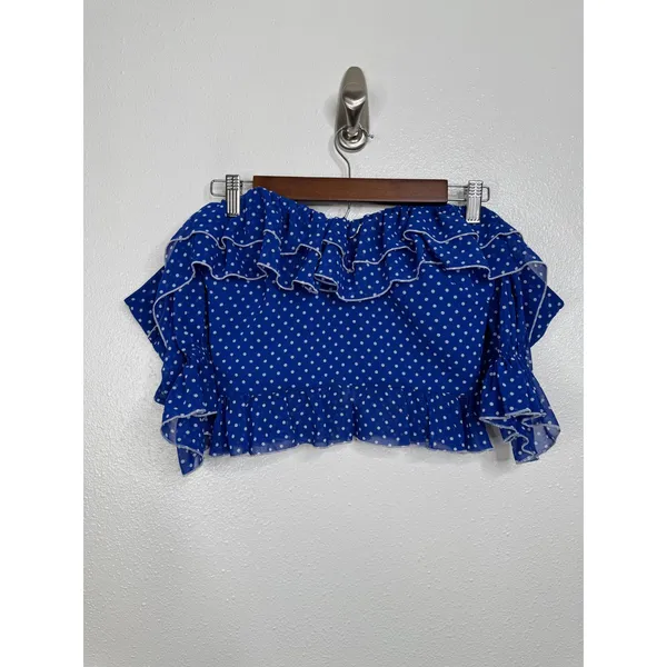 Lovers‎ + Friends Blue Polka Dot Ruffle Off The Shoulder Crop Top Small - Image 2