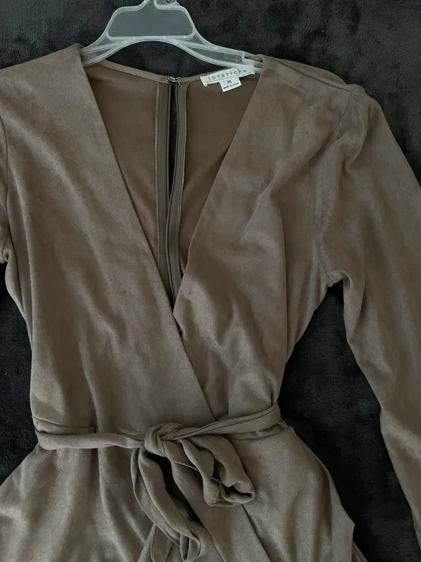 Love Riche Boutique Taupe Long Sleeve Suede Romper - Image 2