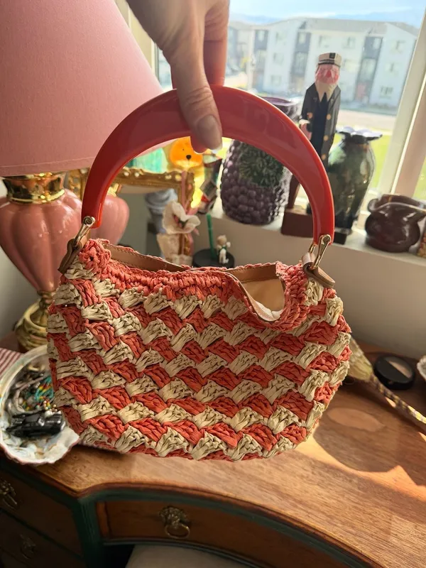 Cute Mini Straw Raffia Crochet Handbag Peach White Coral Purse Beach Boho Bag - Image 2