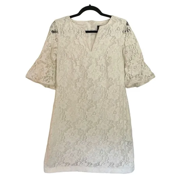 Adrianna Papell white lace notch neck bell sleeve dress - Image 11