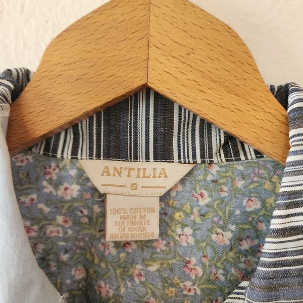 ANTILIA 3/4 Sleeve Floral Stripe Patchwork V-Neck Blouse Top Sz S Cottagecore - Image 3