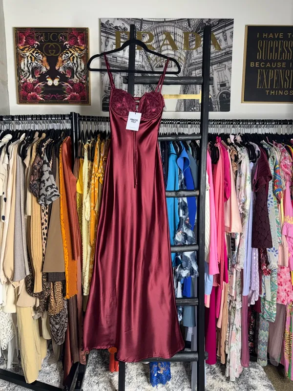 Princess Polly Fadyen Bias Cut Maxi Dress Burgundy Satin Lace Bust XS 2 New NWT - Image 7