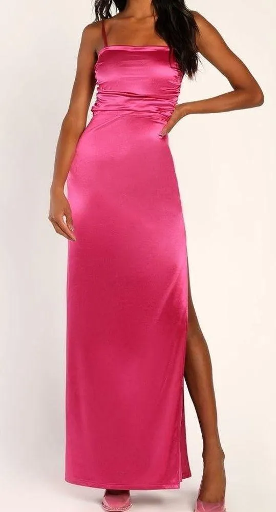Lulus Glam Gal Hot Pink Satin Ruched Cutout Maxi Dress - Image 2