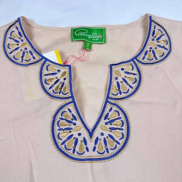 Pappagallo Womens Sand Beige 100% Linen Embroidered Beaded Tunic Top Size M NEW - Image 2
