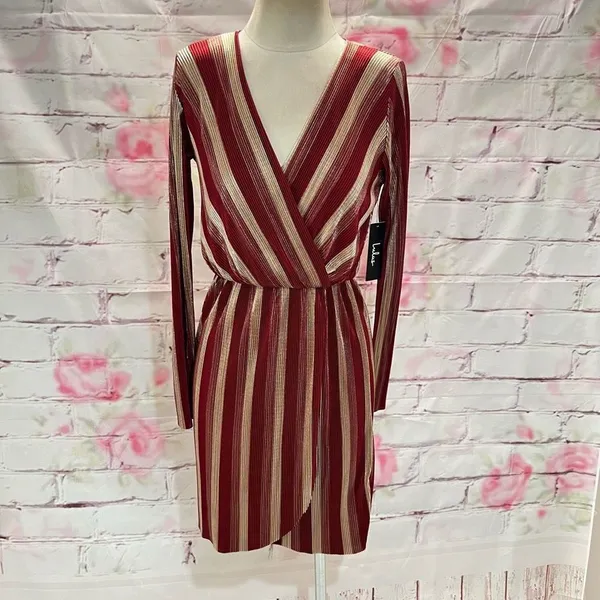 Lulu’s nwt V.I.P. Party Gold and Burgundy Striped Pleated Long Sleeve Dress size - Image 5