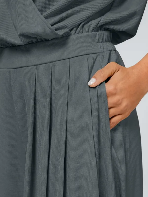 NWOT Halara Grey V Neck Short Sleeve Wide Leg Flowy Waffle Casual Jumpsuit - Image 4