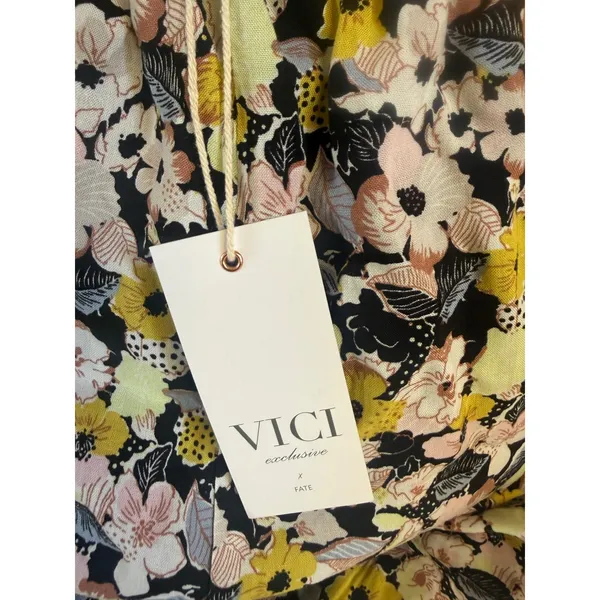 VICI Floral Halter Wide Leg Jumpsuit Yellow Pink Black Medium boho resort dainty - Image 4